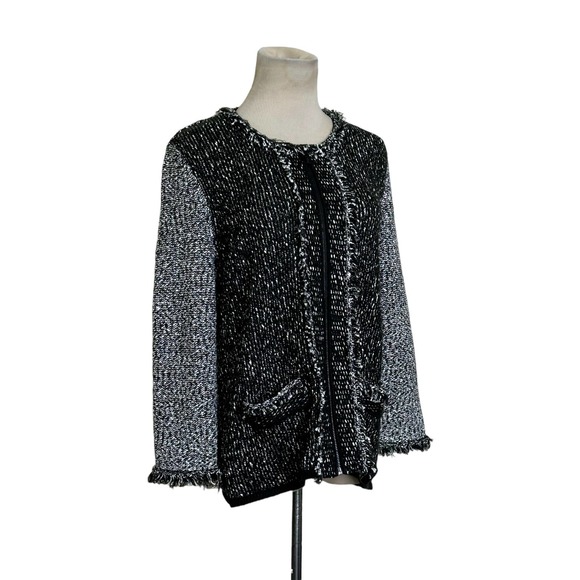 Karl Lagerfeld Two Tone Full Zip Fringe Detail Knit Jacket size Small - Picture 11 of 14